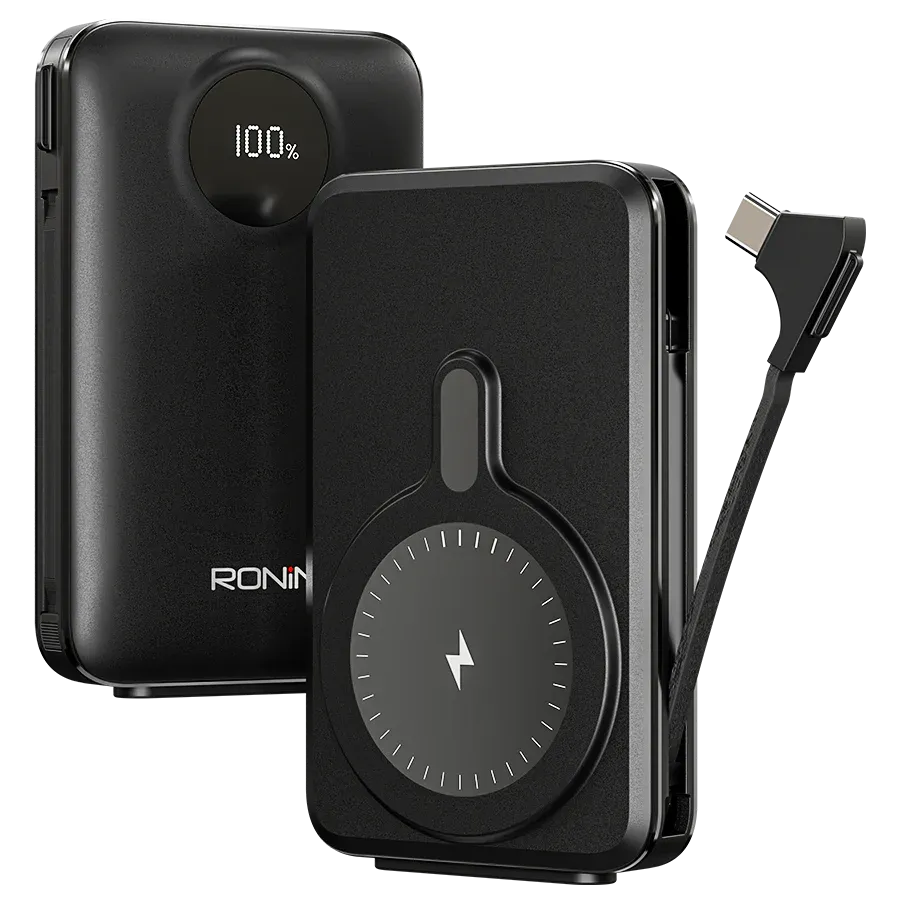 Ronin-VELOCITY-10000mAh-Wireless-Powerbank-22-5W-Fast-Charge.jpg Ronin VELOCITY 10,000mAh Powerbank, showing the sleek portable design with the visible circular mark for its 22.5W wired and integrated wireless charging pad.
