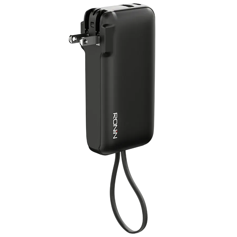 Ronin-ARCTIC-10000mAh-2-in-1-Powerbank-Wall-Charger-22-5W.jpg Ronin ARCTIC 10,000mAh Powerbank, a portable battery showing its multi-port side and the hidden/foldable AC wall prongs that enable its 2 in 1 charger function.