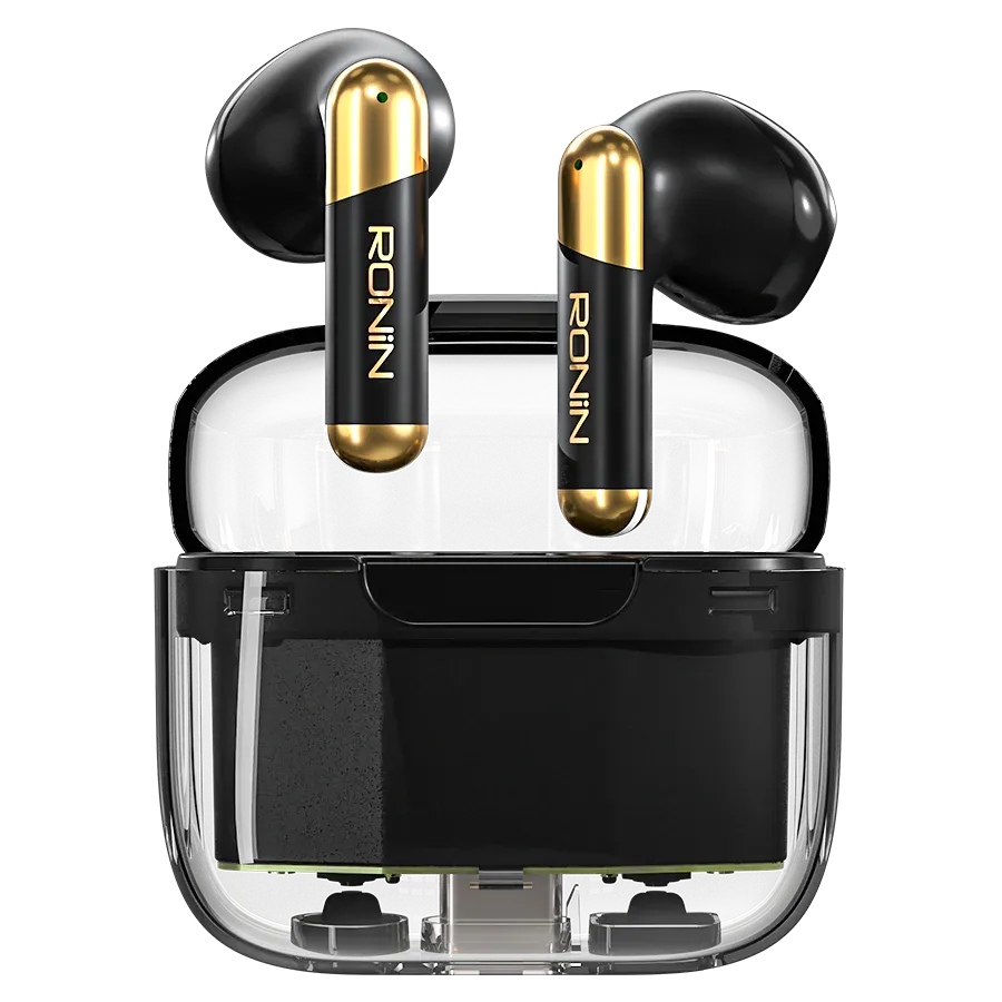 Ronin-R7070-Snap-Earbuds-Instant-Pairing-Black.jpg Ronin R-7070 Snap True Wireless Earbuds and their compact charging case, highlighting the quick-access design.
