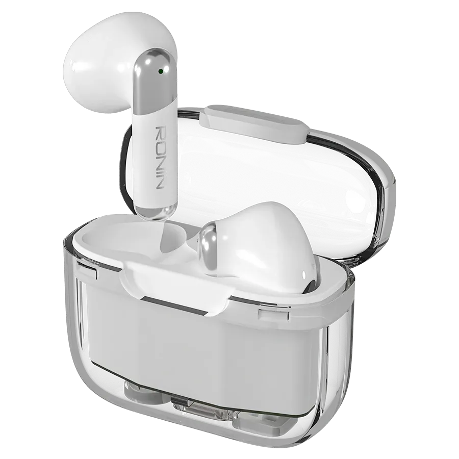 Ronin-R7070-Snap-Earbuds-Instant-Pairing-Black.jpg Ronin R-7070 Snap True Wireless Earbuds and their compact charging case, highlighting the quick-access design.