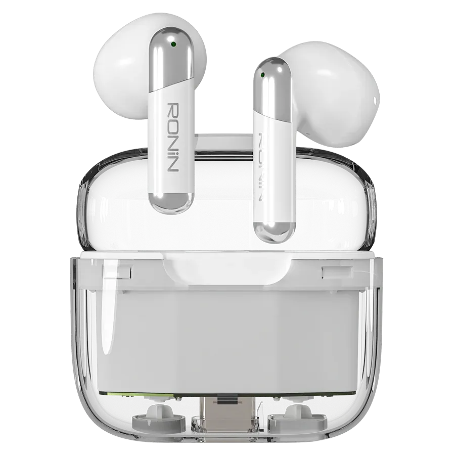 Ronin-R7070-Snap-Earbuds-Instant-Pairing-Black.jpg Ronin R-7070 Snap True Wireless Earbuds and their compact charging case, highlighting the quick-access design.