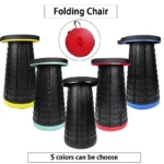 Compact, portable telescopic folding stool/chair, shown fully extended and ready for use as a space-saving seat for camping or fishing.