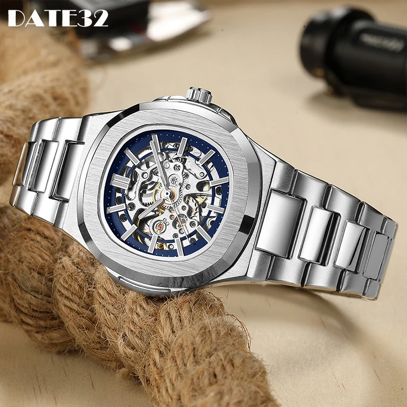 kf-S00c531f07d9943c7baa783cbe18aa681k Skeleton Steampunk Men's Automatic Mechanical Watch | Silver Blue Full Steel Waterproof - Image 4
