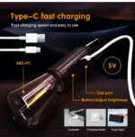 Compact, waterproof LED camping light and tent lantern with an integrated hook, showing its USB Type-C charging port and 100 Lumens brightness rating.