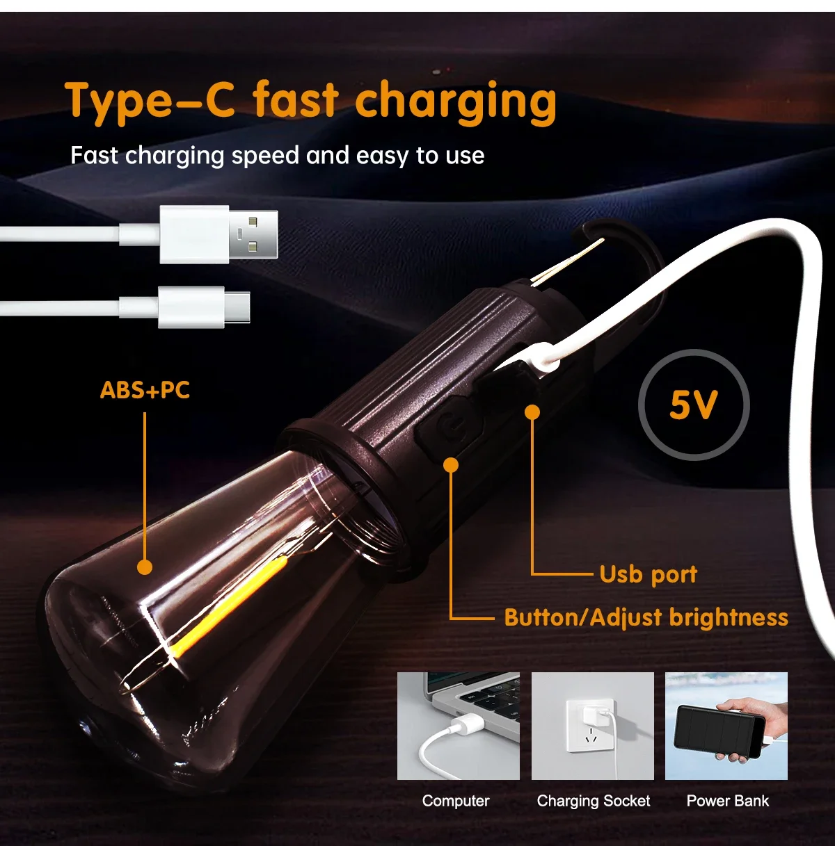 Type-C-USB-Rechargeable-LED-Camping-Light-Waterproof-100LM-Tent.jpg Compact, waterproof LED camping light and tent lantern with an integrated hook, showing its USB Type-C charging port and 100 Lumens brightness rating.