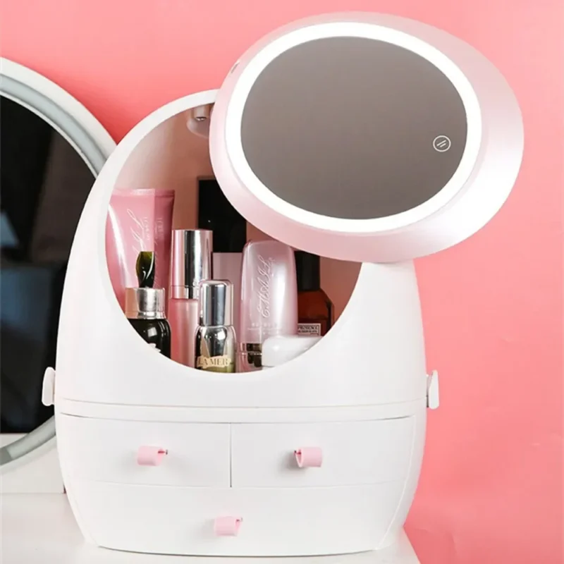 Rechargeable makeup mirror with a dimming LED light ring, sitting on a round cosmetic storage box base, showing its spin or rotating function for a portable vanity setup.