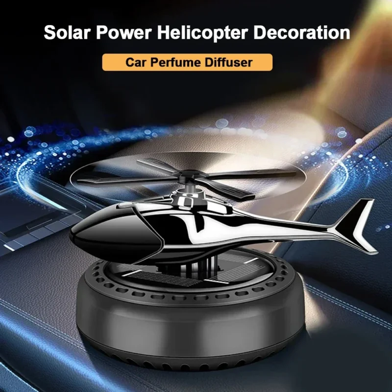 Solar power car air freshener with a decorative rotating propeller fan, designed to sit on the center console or dashboard as a perfume aromatherapy diffuser.