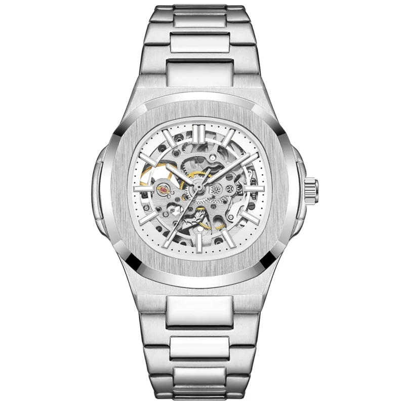 Men's automatic mechanical watch with a skeleton (hollow) steampunk dial, full silver stainless steel bracelet and case, and visible blue mechanism components.