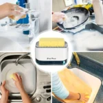 Large capacity liquid soap dispenser for kitchen sinks, shown dispensing dish detergent from its pump mechanism for easy access.