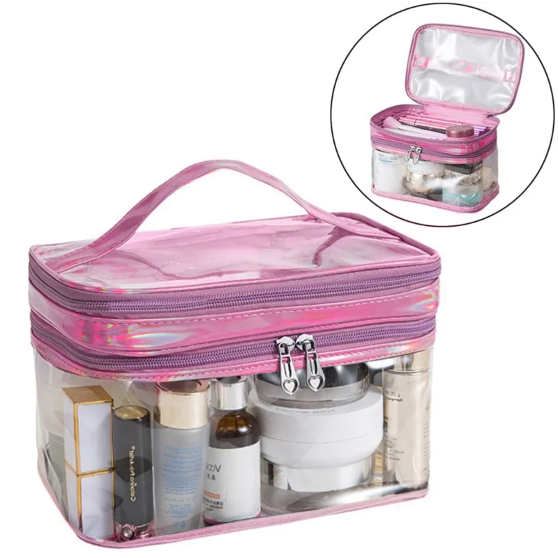 Double-layer transparent cosmetic bag made of clear plastic with a zipper, showing the internal separation for travel organization of makeup and toiletries.