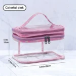Double-layer transparent cosmetic bag made of clear plastic with a zipper, showing the internal separation for travel organization of makeup and toiletries.
