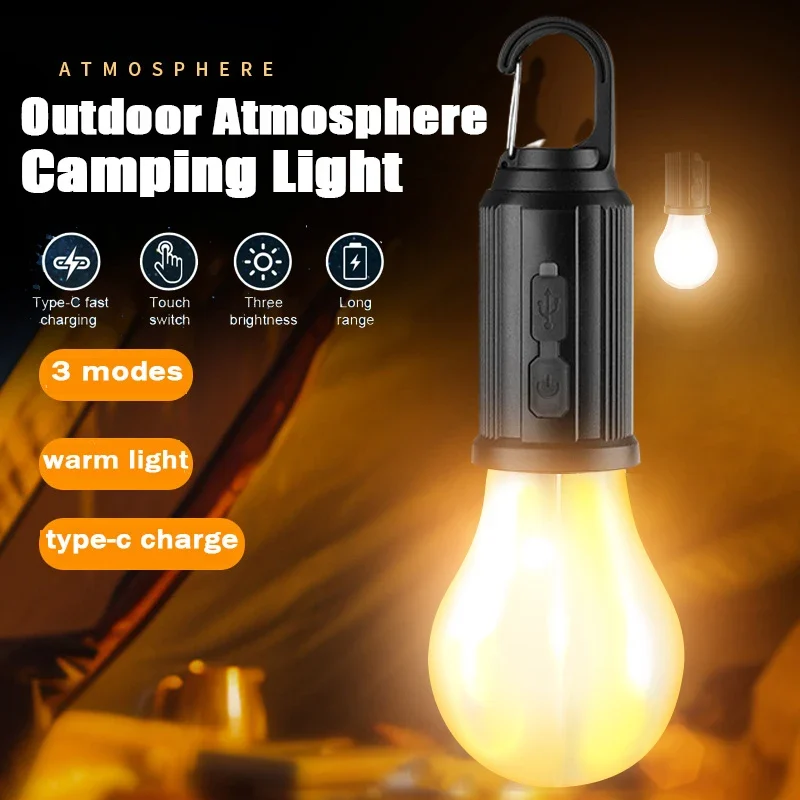 Compact, waterproof LED camping light and tent lantern with an integrated hook, showing its USB Type-C charging port and 100 Lumens brightness rating.