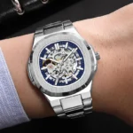 Skeleton Steampunk Men's Automatic Mechanical Watch | Silver Blue Full Steel Waterproof - Image 2