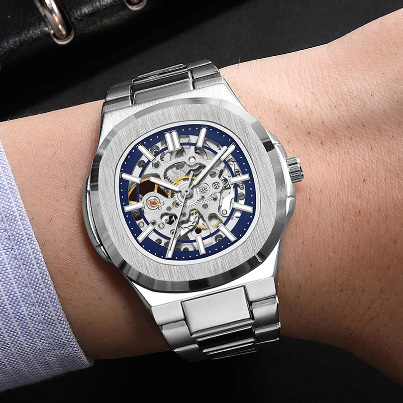 kf-S355b379dcc734d16b7b3d37bb8d3d791y-1 Skeleton Steampunk Men's Automatic Mechanical Watch | Silver Blue Full Steel Waterproof - Image 2