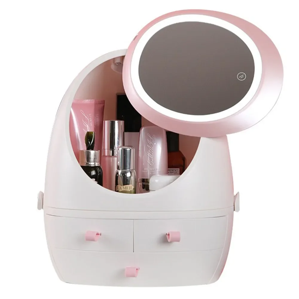 Rechargeable-LED-Dimming-Spin-Makeup-Mirror-Cosmetic-Storage-Box.jpg Rechargeable makeup mirror with a dimming LED light ring, sitting on a round cosmetic storage box base, showing its spin or rotating function for a portable vanity setup.