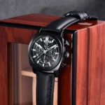 Top Luxury Men's Quartz Chronograph Watch, showing the sub-dials, pusher buttons, elegant dial details, and high-end designer aesthetic suitable for a man's stylish wristwatch.