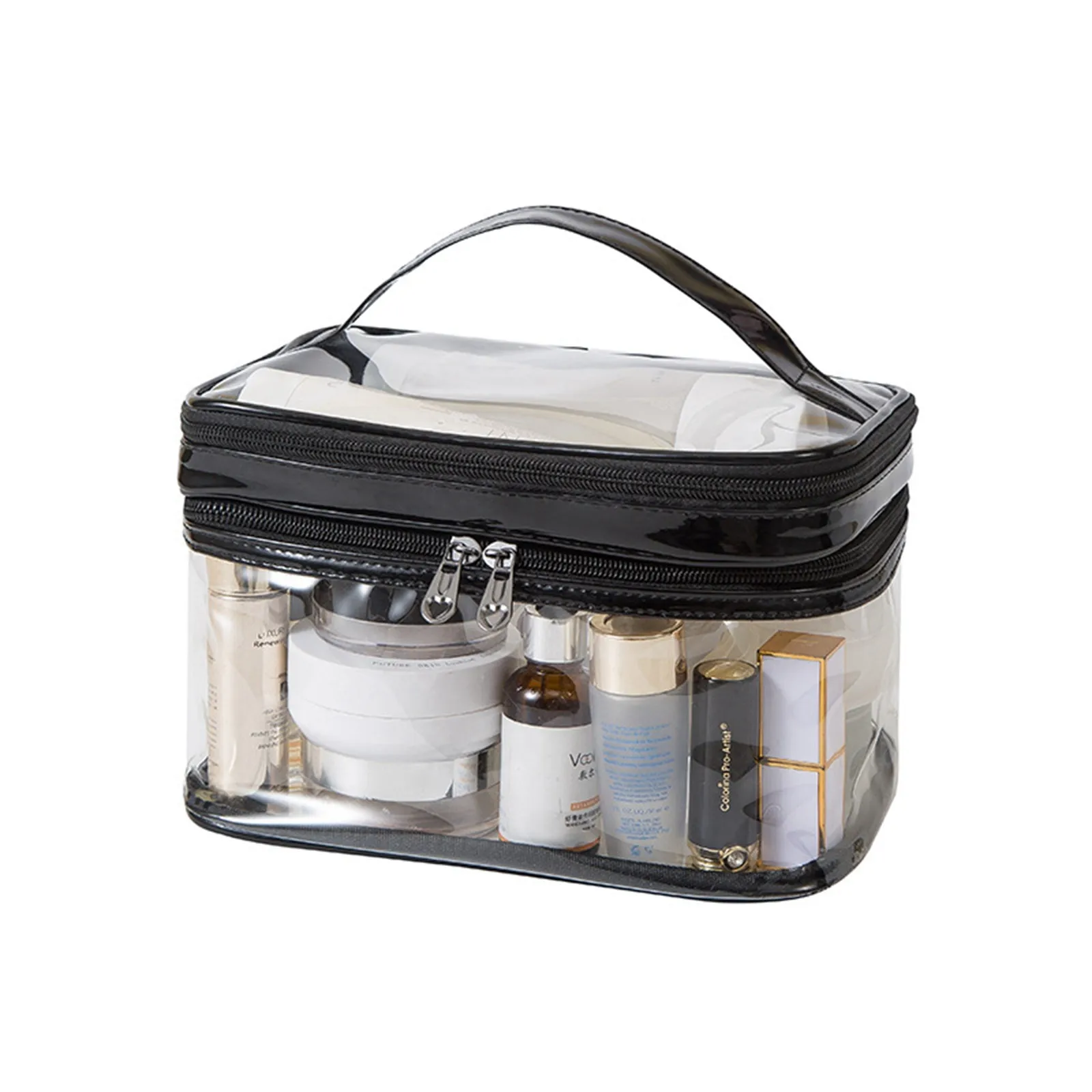 Double-layer-Transparent-Travel-Cosmetic-Bag-Clear-Plastic-Zippered-Makeup.jpg Double-layer transparent cosmetic bag made of clear plastic with a zipper, showing the internal separation for travel organization of makeup and toiletries.