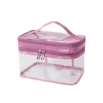 Double-layer transparent cosmetic bag made of clear plastic with a zipper, showing the internal separation for travel organization of makeup and toiletries.