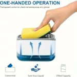 Large capacity liquid soap dispenser for kitchen sinks, shown dispensing dish detergent from its pump mechanism for easy access.