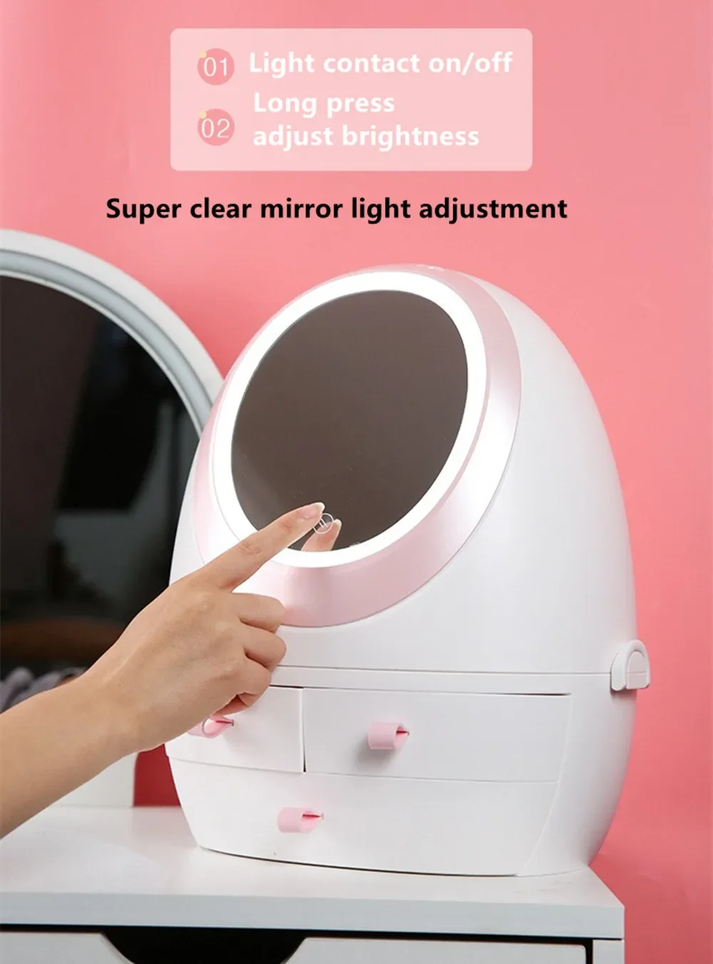 Rechargeable-LED-Dimming-Spin-Makeup-Mirror-Cosmetic-Storage-Box.jpg Rechargeable makeup mirror with a dimming LED light ring, sitting on a round cosmetic storage box base, showing its spin or rotating function for a portable vanity setup.
