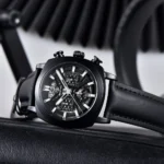 Top Luxury Men's Quartz Chronograph Watch, showing the sub-dials, pusher buttons, elegant dial details, and high-end designer aesthetic suitable for a man's stylish wristwatch.
