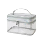 Double-layer transparent cosmetic bag made of clear plastic with a zipper, showing the internal separation for travel organization of makeup and toiletries.