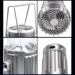 Foldable electric fan and camping lantern combined, showing the solar panel on top, USB charging port, 1500mAh battery, and power bank function for outdoor hiking gear.