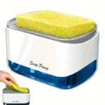 Large capacity liquid soap dispenser for kitchen sinks, shown dispensing dish detergent from its pump mechanism for easy access.