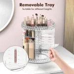 Clear acrylic $360^\circ$ rotating cosmetic organizer filled with various makeup brushes, perfumes, and skincare products, showing its adjustable multi-tiered design.