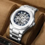 Skeleton Steampunk Men's Automatic Mechanical Watch | Silver Blue Full Steel Waterproof - Image 3