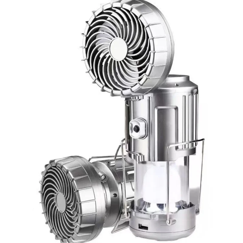 Foldable electric fan and camping lantern combined, showing the solar panel on top, USB charging port, 1500mAh battery, and power bank function for outdoor hiking gear.