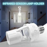 White motion sensor bulb holder that screws into a light socket, showing the PIR sensor and the two adjustable controls for the time delay (16-300 sec) and light control (LUX).