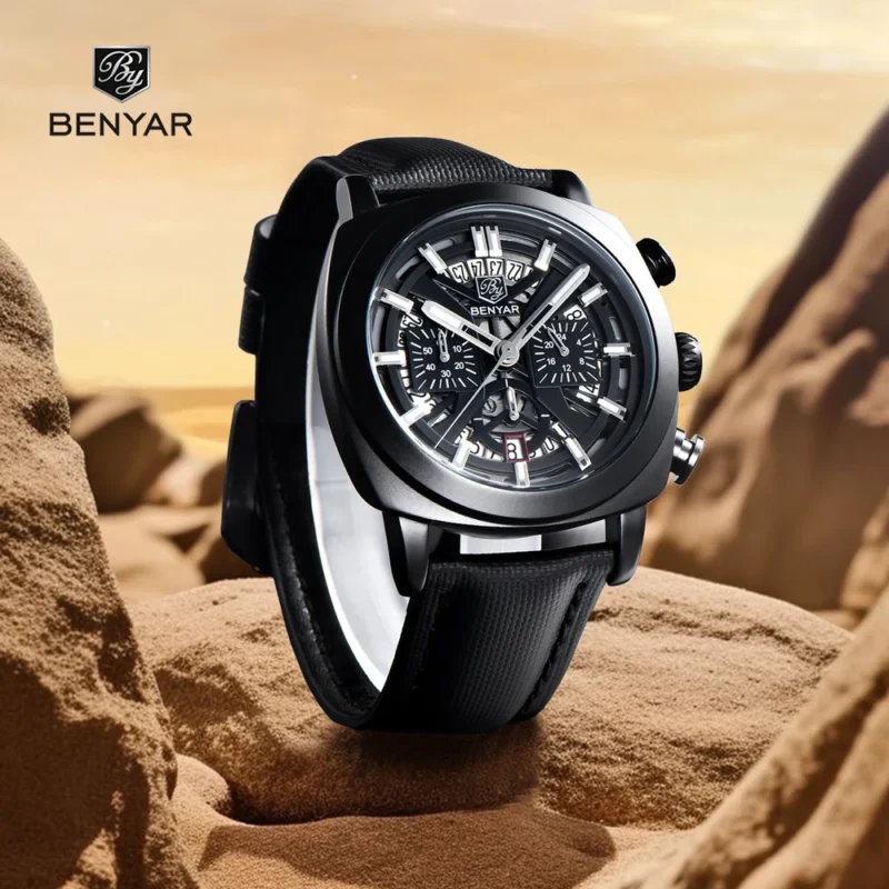 Top Luxury Men's Quartz Chronograph Watch, showing the sub-dials, pusher buttons, elegant dial details, and high-end designer aesthetic suitable for a man's stylish wristwatch.