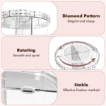 Clear acrylic $360^\circ$ rotating cosmetic organizer filled with various makeup brushes, perfumes, and skincare products, showing its adjustable multi-tiered design.