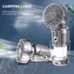 Foldable electric fan and camping lantern combined, showing the solar panel on top, USB charging port, 1500mAh battery, and power bank function for outdoor hiking gear.