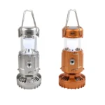 Foldable electric fan and camping lantern combined, showing the solar panel on top, USB charging port, 1500mAh battery, and power bank function for outdoor hiking gear.