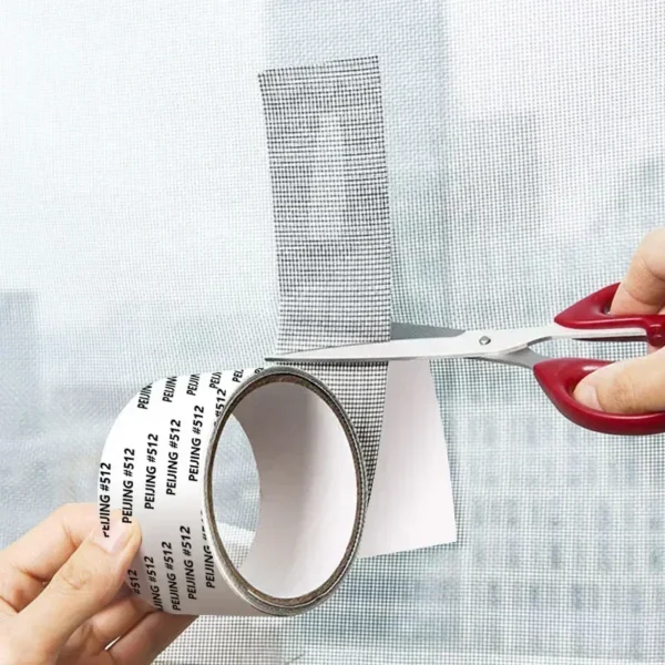 Roll of waterproof, self-adhesive screen repair tape showing the mesh texture, used to patch a hole in a window or door anti-insect mosquito screen.