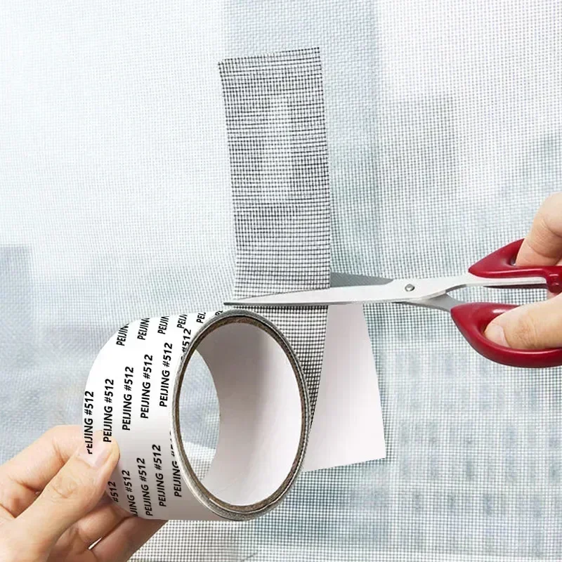 Roll of waterproof, self-adhesive screen repair tape showing the mesh texture, used to patch a hole in a window or door anti-insect mosquito screen.