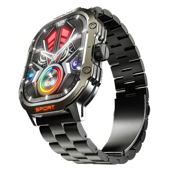 Front view of the Ronin R-13 Luxe Smart Watch, featuring a silver premium stainless steel casing and a high-grade strap, with the new high-resolution interface displayed.