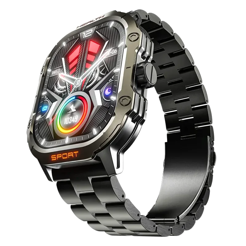 Front view of the Ronin R-13 Luxe Smart Watch, featuring a silver premium stainless steel casing and a high-grade strap, with the new high-resolution interface displayed.