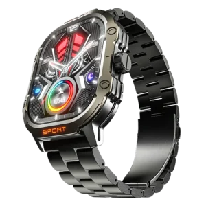 Front view of the Ronin R-13 Luxe Smart Watch, featuring a silver premium stainless steel casing and a high-grade strap, with the new high-resolution interface displayed.