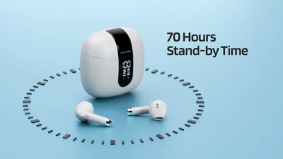 Ronin R-190 Mashion True Wireless Earbuds and their sleek, compact charging case, highlighting the minimalist, modern design.