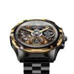 Front view of the newest Ronin R-14 Luxe Smart Watch, featuring a silver premium stainless steel casing and a high-grade strap, with the new high-resolution interface displayed.