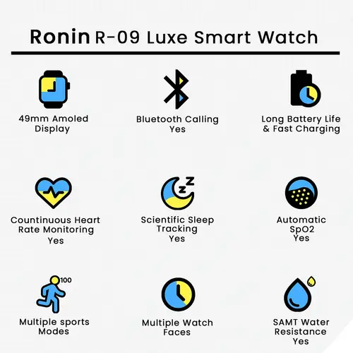 Ronin-R09-Luxe-Smart-Watch-Premium-Silver-Case.jpg Front view of the Ronin R-09 Luxe Smart Watch, featuring a silver premium casing and a leather strap, with the screen displaying a clock face.