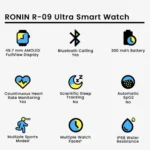 Front view of the Ronin R-09 Ultra Smart Watch, featuring a rugged, durable case, large screen, and textured adventure strap.
