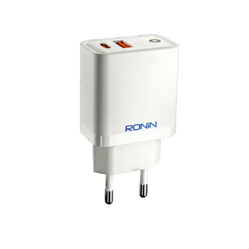 Ronin-R6050-20W-Dual-Port-Charger-Adapter-USB-C-USB-A.jpg Ronin R-6050 Dual Port Charger Adapter, a wall plug with both a USB Type-C port (20W PD) and a standard USB-A connector for charging two devices simultaneously.