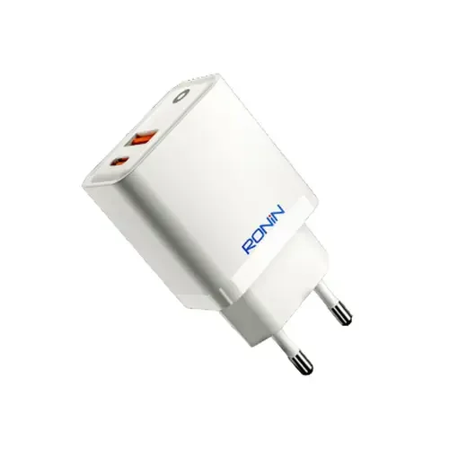 Ronin R-6050 Dual Port Charger Adapter, a wall plug with both a USB Type-C port (20W PD) and a standard USB-A connector for charging two devices simultaneously.