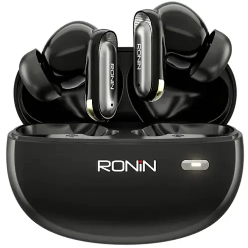 Ronin R-7050 Eminence True Wireless Earbuds and their sleek, premium charging case, highlighting the elegant and compact design.