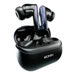 Ronin Vesper Earbuds R-7075 inside their black, compact charging case, displaying the earbuds' ergonomic design.