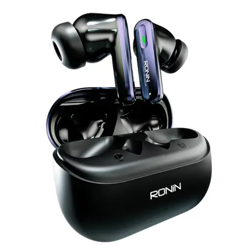 Ronin Vesper Earbuds R-7075 inside their black, compact charging case, displaying the earbuds' ergonomic design.